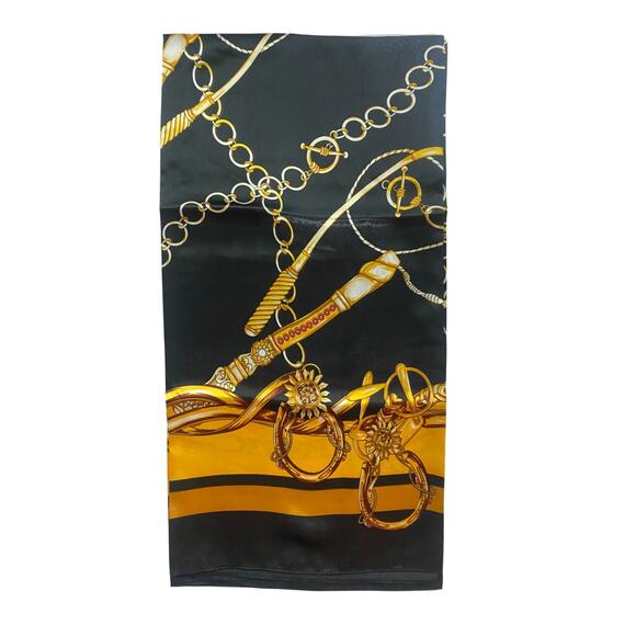 Equestrian Horse Riding Designed Motif Scarf Black and Gold 35 x 35 NEW - Picture 2 of 9